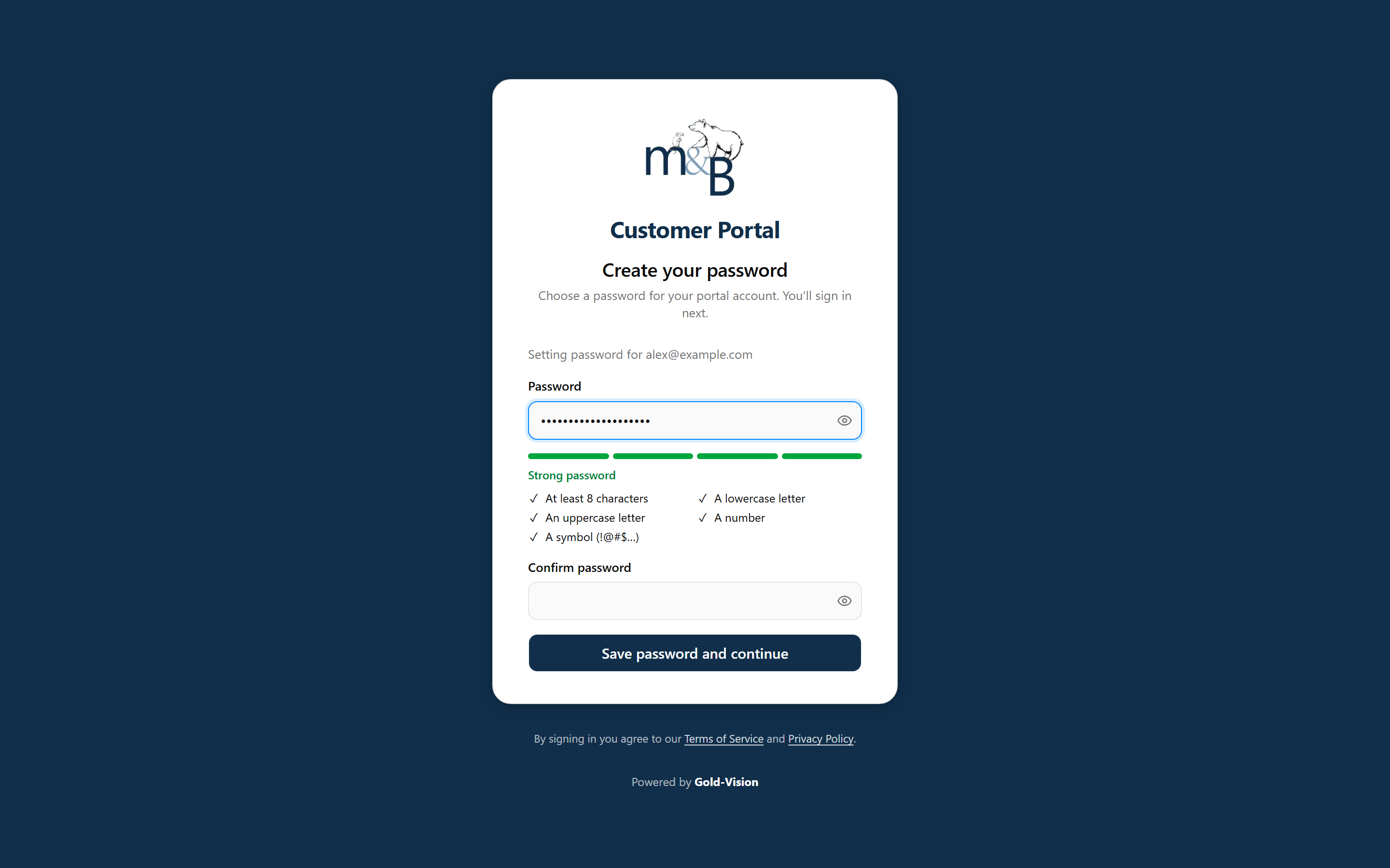Creating a password, with the strength meter showing which requirements have been met